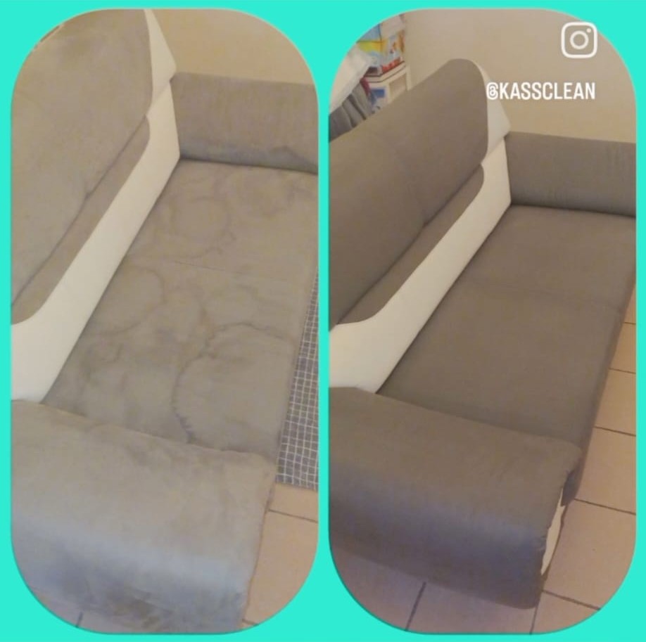 Nettoyage avant et après d'un canapé taché, avec un résultat impeccable grâce à Kassclean